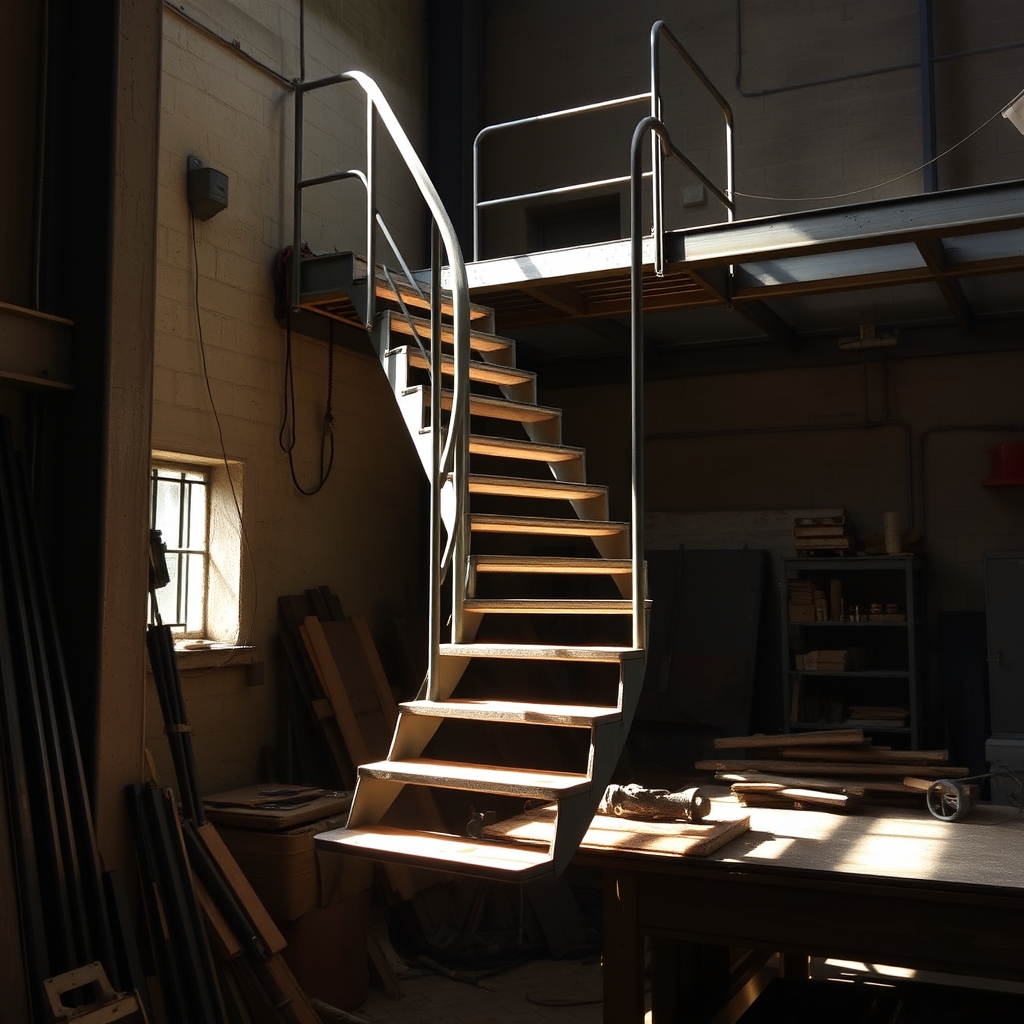 Escalier en fer forgé en cours de pose (illustration)